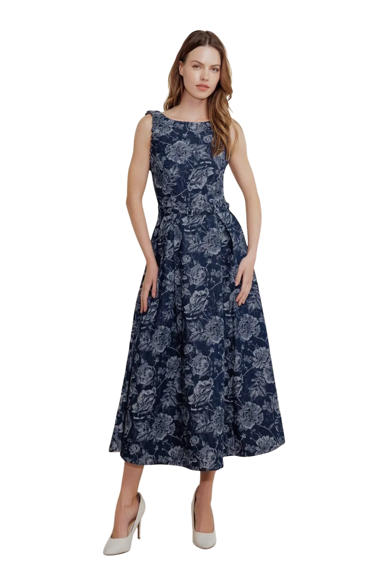 Pleated Denim Jacquard Midi