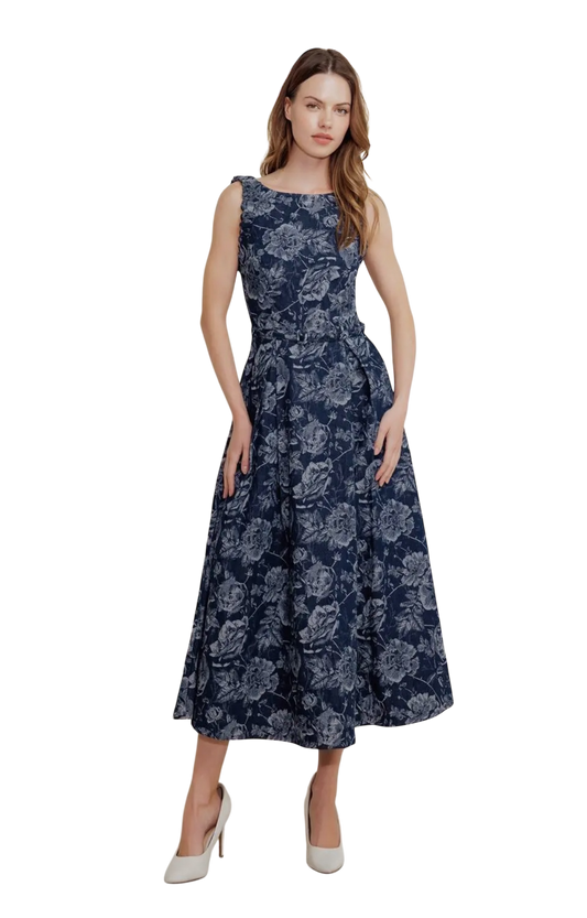 Pleated Denim Jacquard Midi