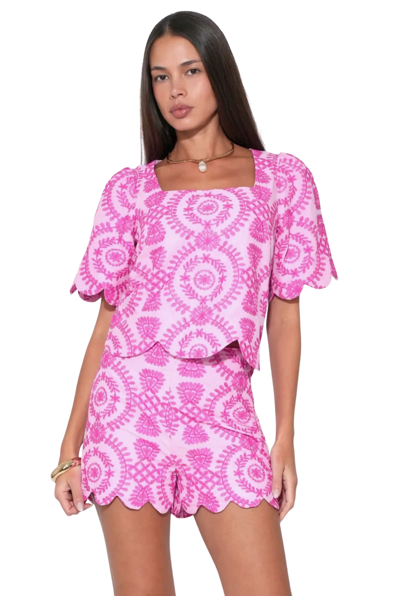 Pink Embroidery Square Neck Top & Shorts Set