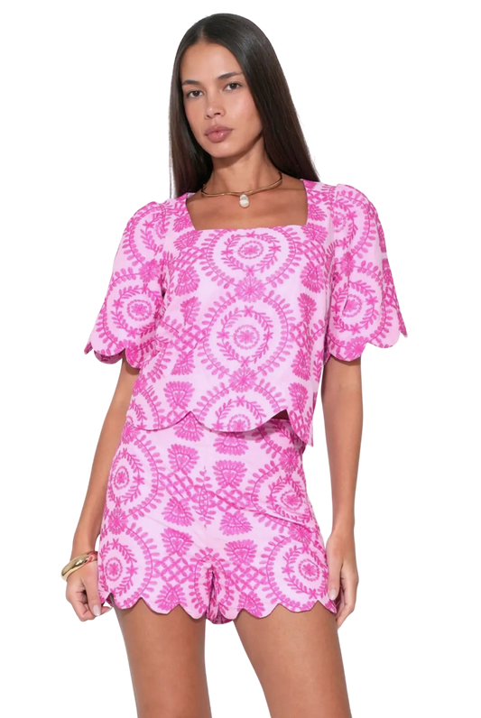 Pink Embroidery Square Neck Top & Shorts Set
