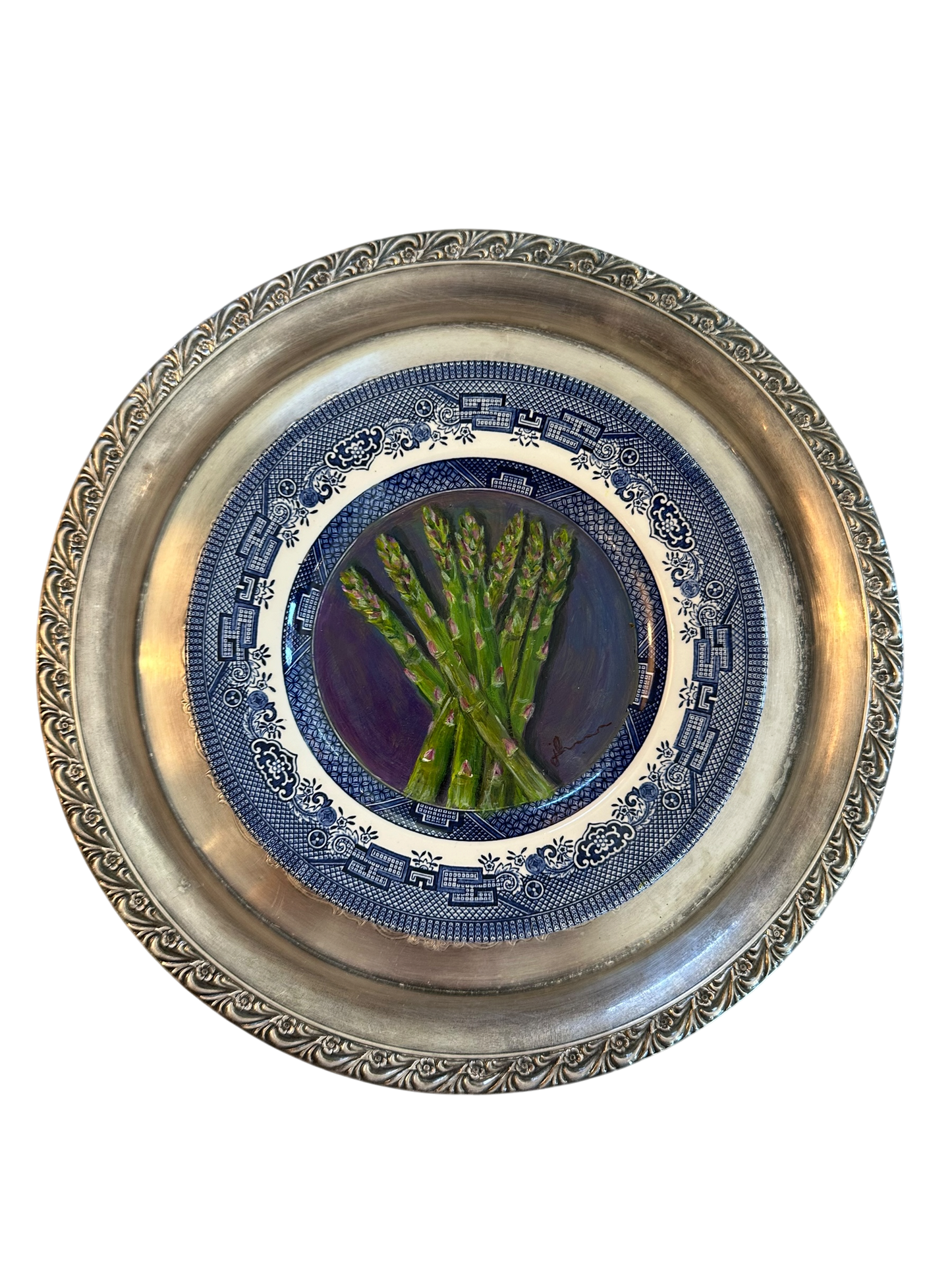 Jenn Leverett Art - Asparagus Blue Willow on Silver