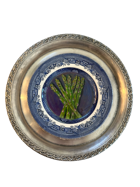 Jenn Leverett Art - Asparagus Blue Willow on Silver