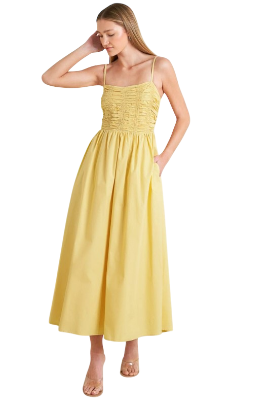 Yellow Ruched Midi Dress
