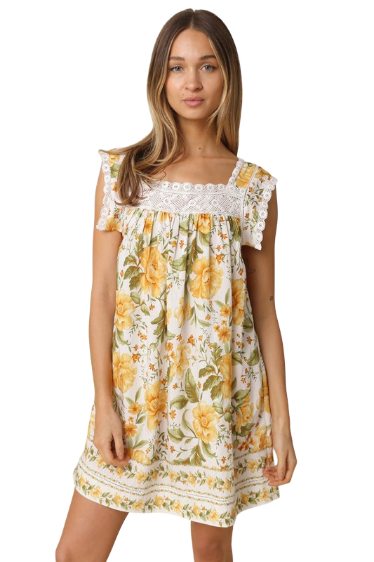 Yellow Floral & Crochet Mini