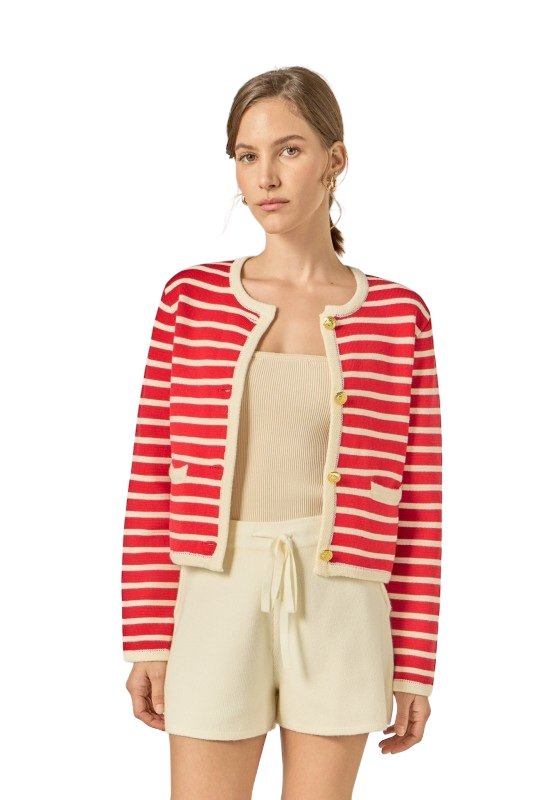 Knit Striped Sweater Cardigan - Red/White