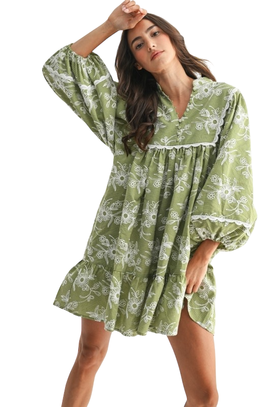 Embroidered Dress With Balloon Sleeves