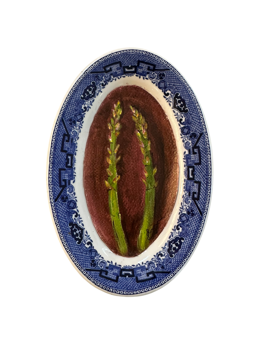 Jenn Leverett Art - Asparagus on Blue Willow Oval