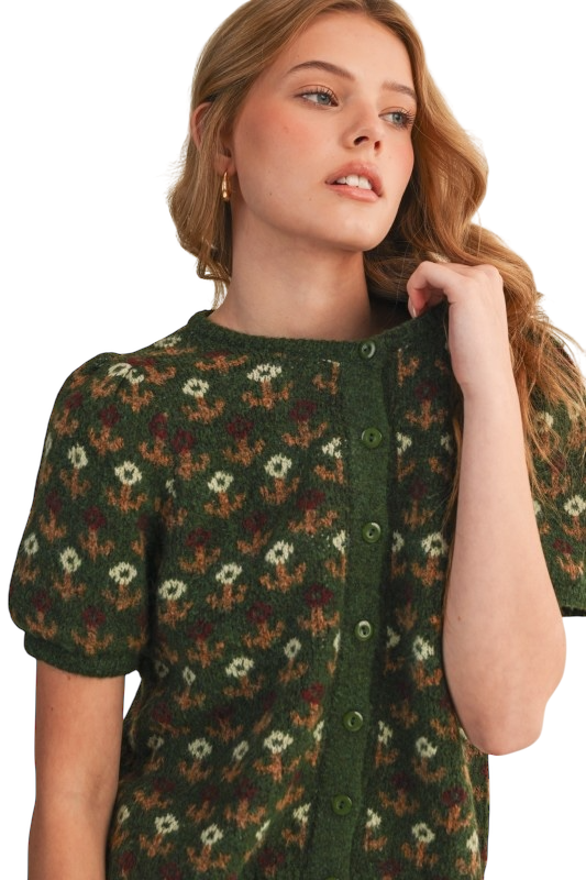 Floral Short Sleeve Cardigan - Pine