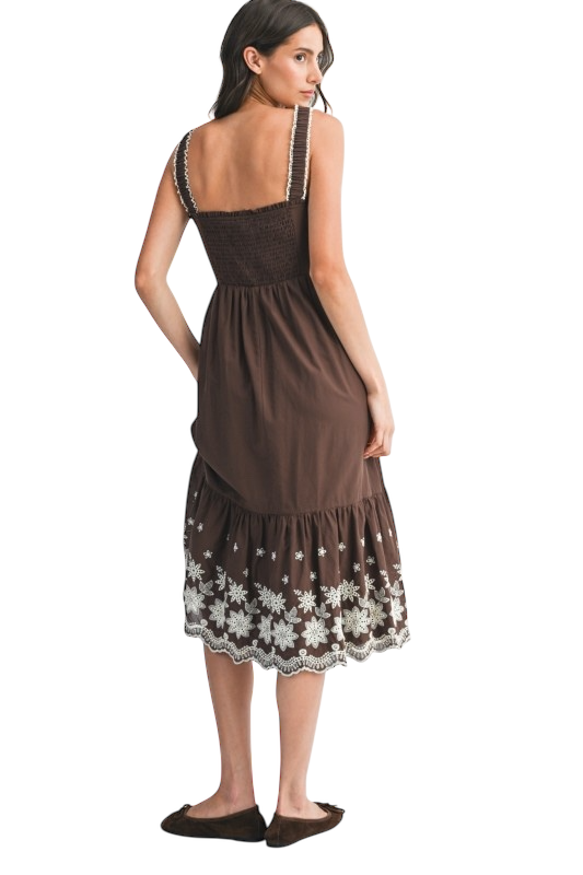 Scallop Hem Embroidered Midi in Chocolate