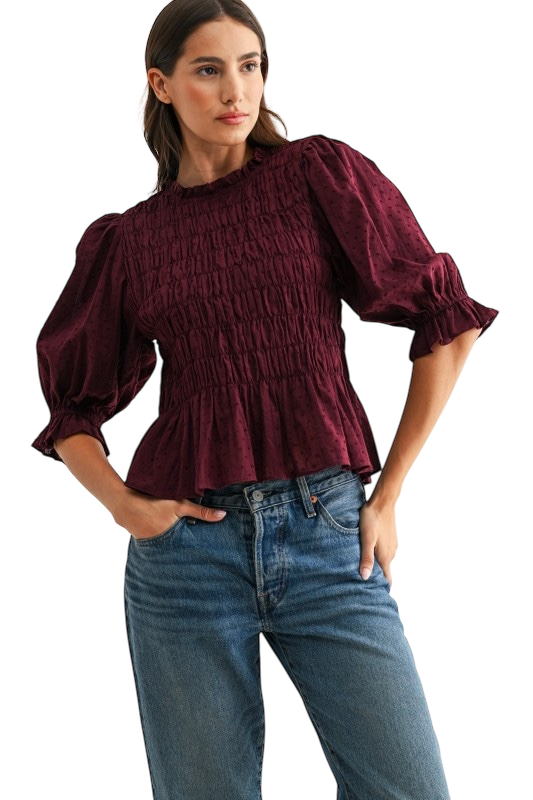 Smocked Peplum Puff Sleeve Top