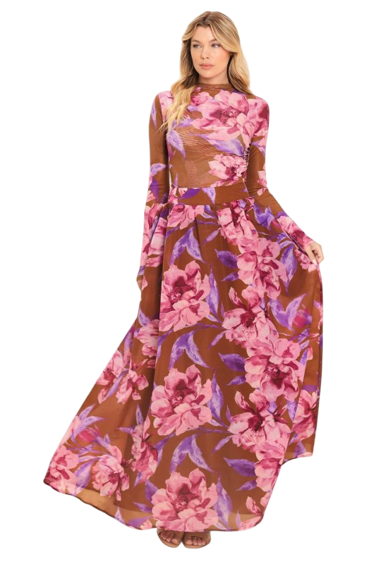 Brown & Pink Floral Maxi Skirt