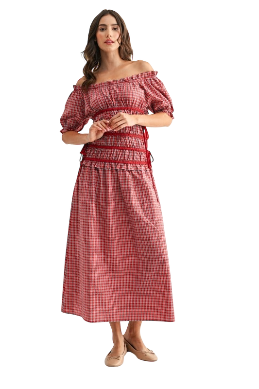 Off Shoulder Plaid Midi Dress