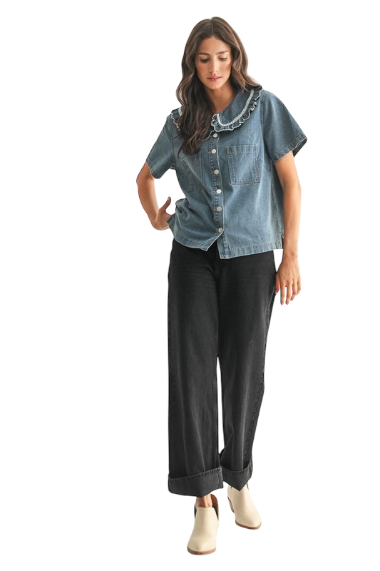 Denim Blouse With Ruffled Collar