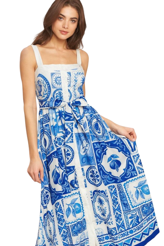 Blue Tiles Belted Midi