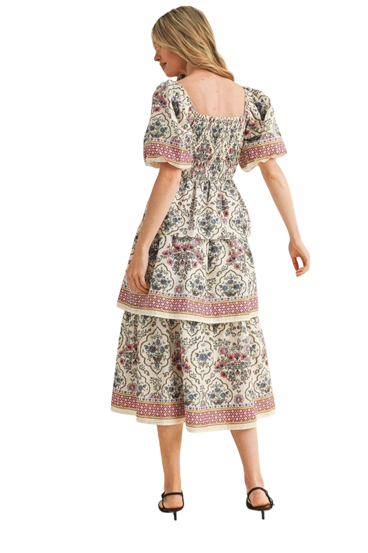 Border Print Tiered Midi Dress