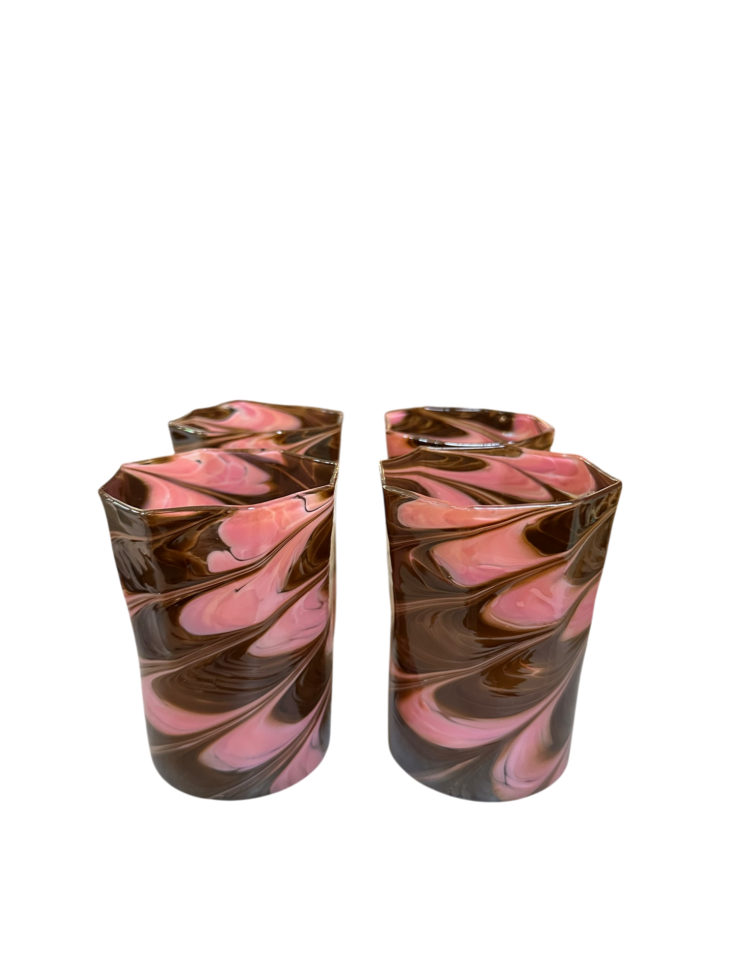 Set of 4 Short Brown/Pink Marbled Octagonal Twist Glasses