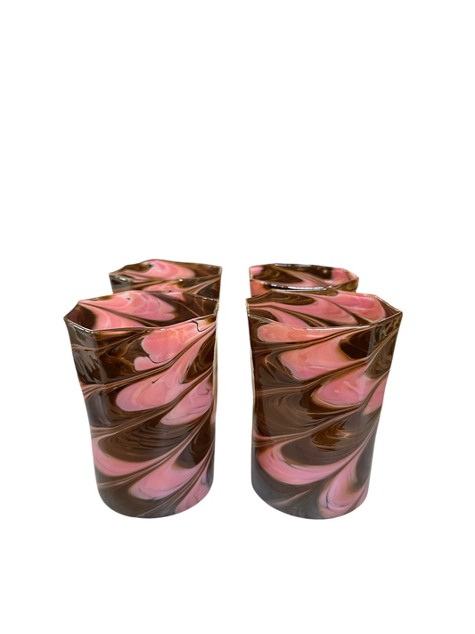 Set of 4 Short Brown/Pink Marbled Octagonal Twist Glasses