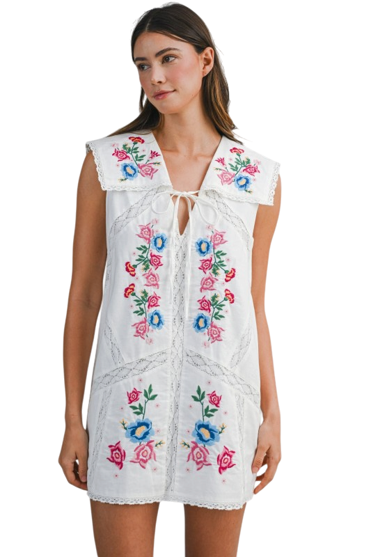 Floral Embroidered Sailor Collar Mini