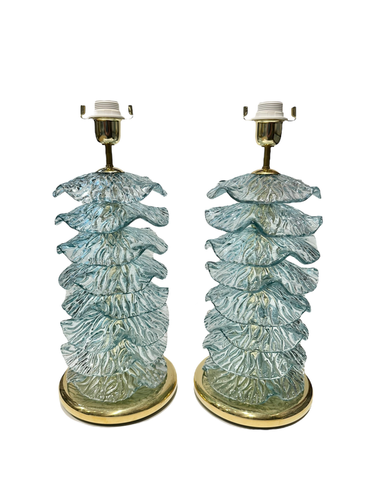 Pair of Modern Murano Ruffle Glass Lamps in Blue