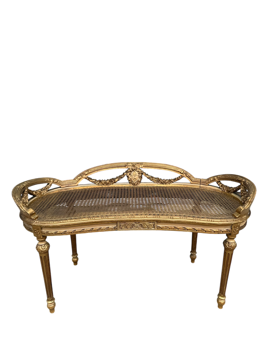 Gilt Cane Kidney Shaped Settee 40”L x 18”D x 22”H