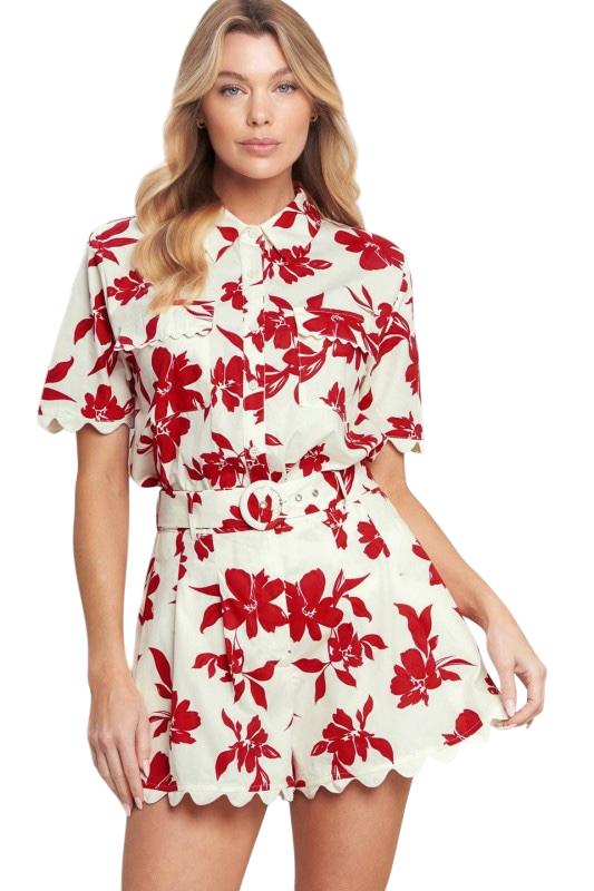 Red Florals Scallop Top & Shorts Set