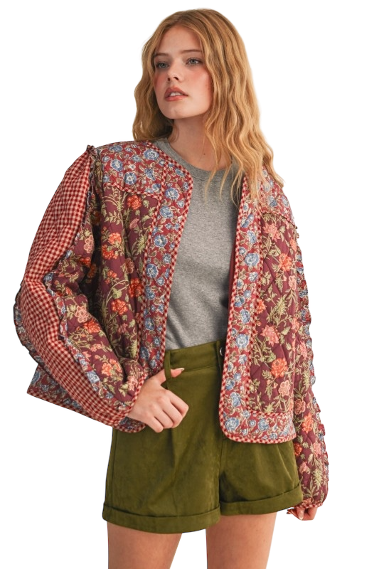 Floral Quilted Jacket With Ruffle Trim