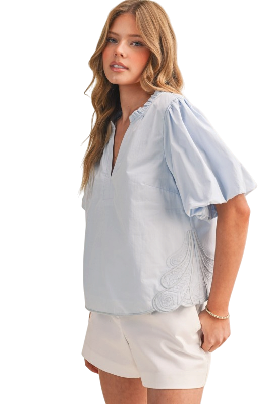 Bubble Sleeve Top w/ Side Embroidery