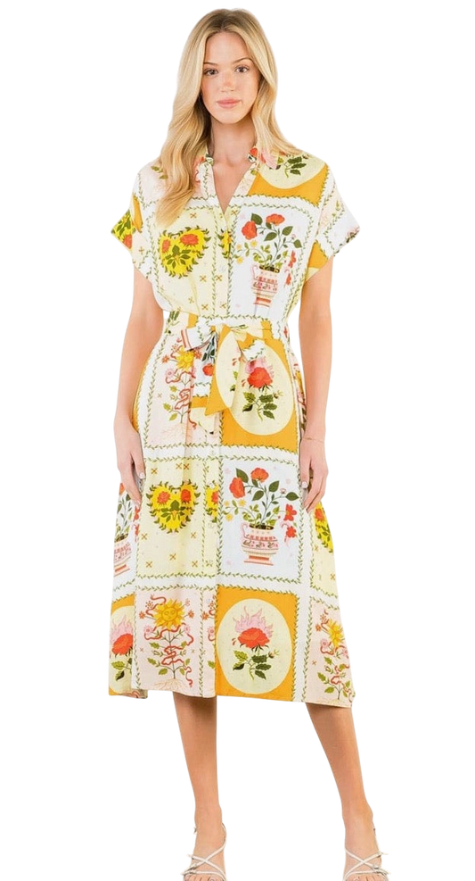 Floral Tiles Midi w/ Tie Waist