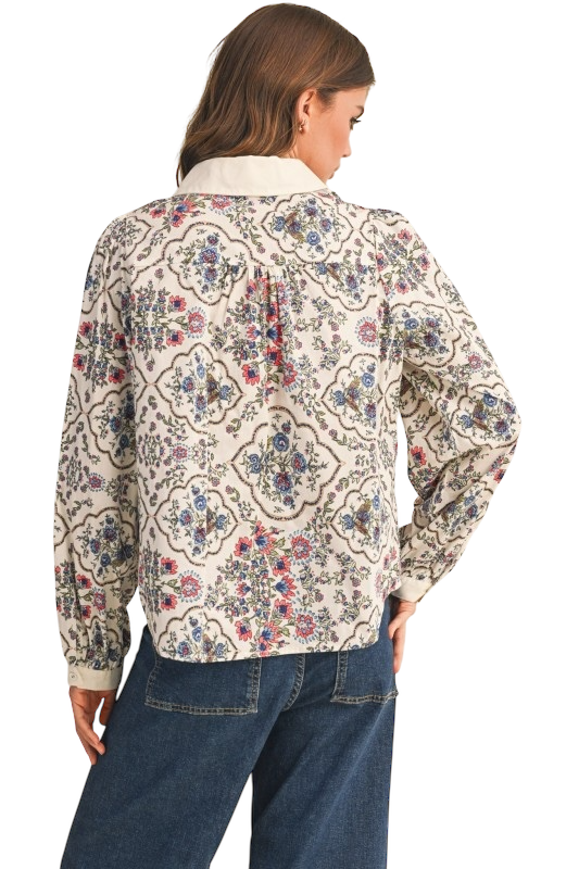 Border Print Button Down Top