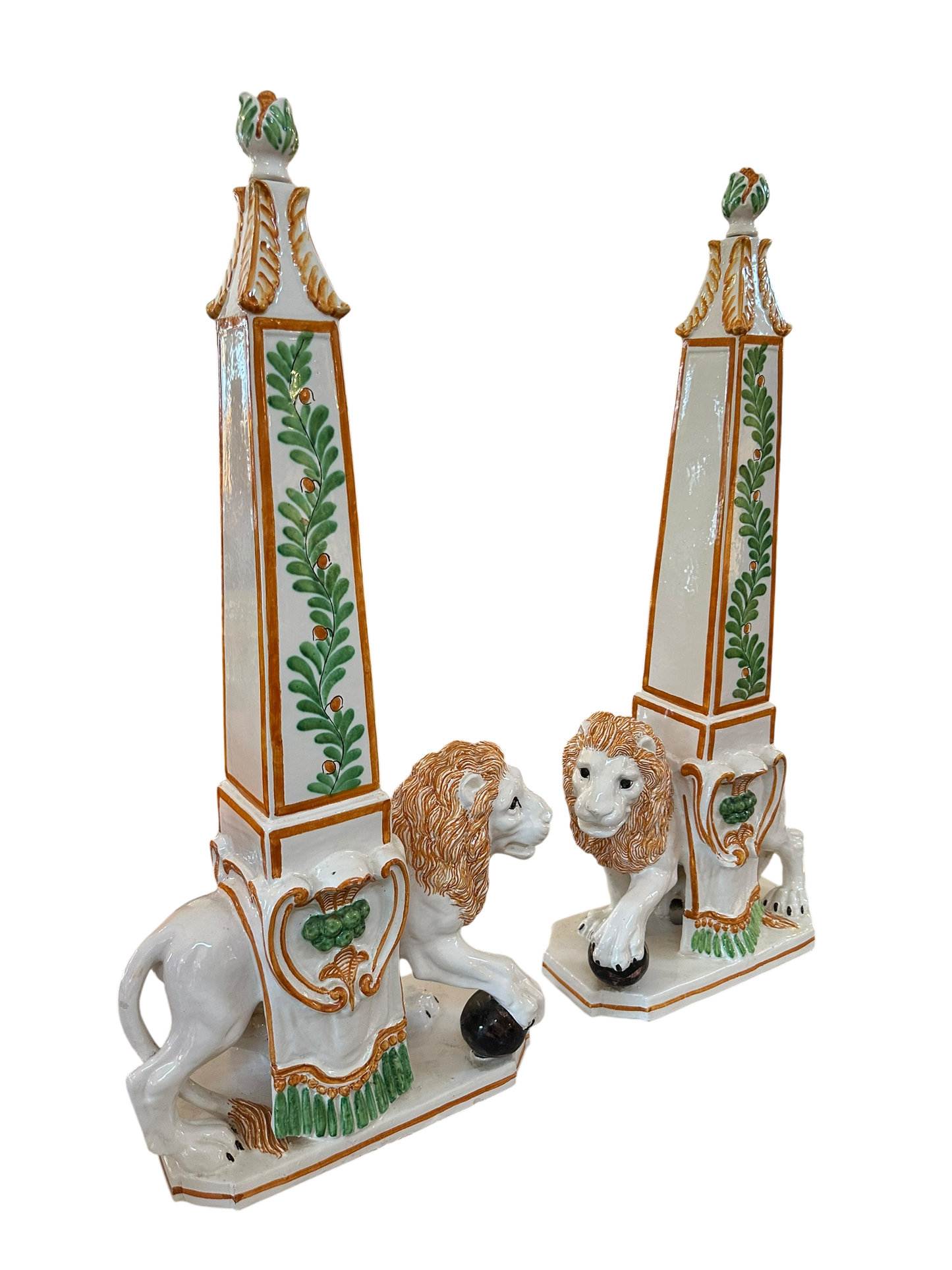 Pair of Italian Majolica Lion Obelisks