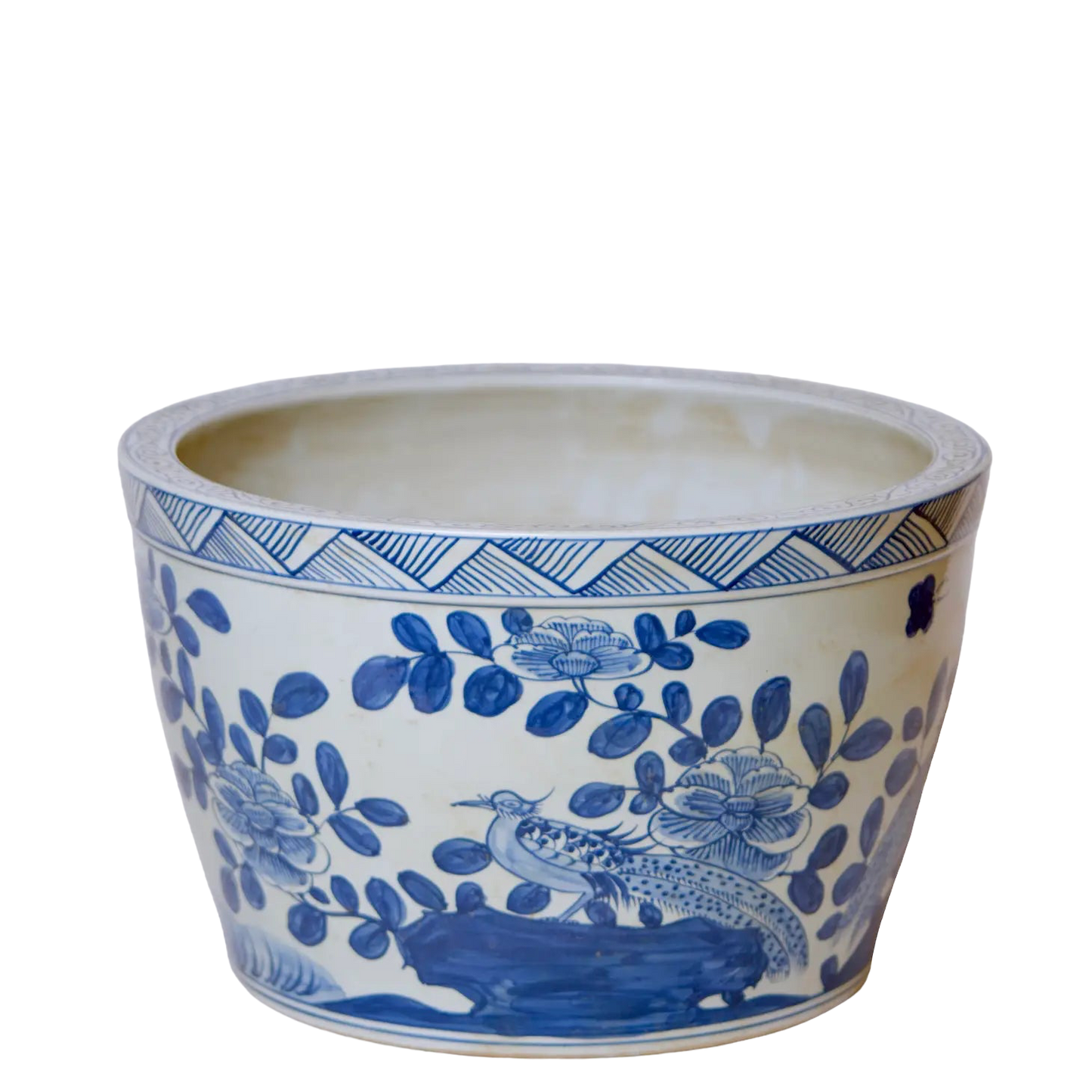 Large Bird and Flower Blue and White Porcelain Planter