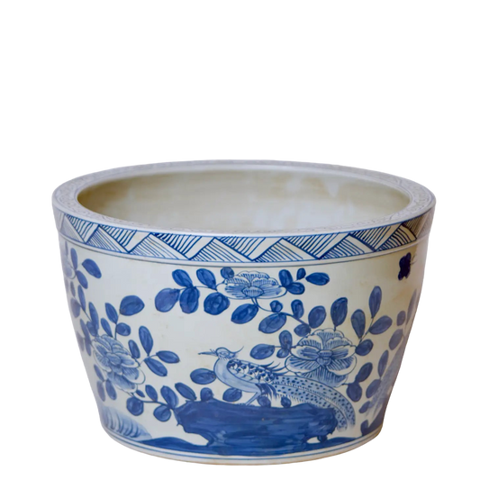 Large Bird and Flower Blue and White Porcelain Planter