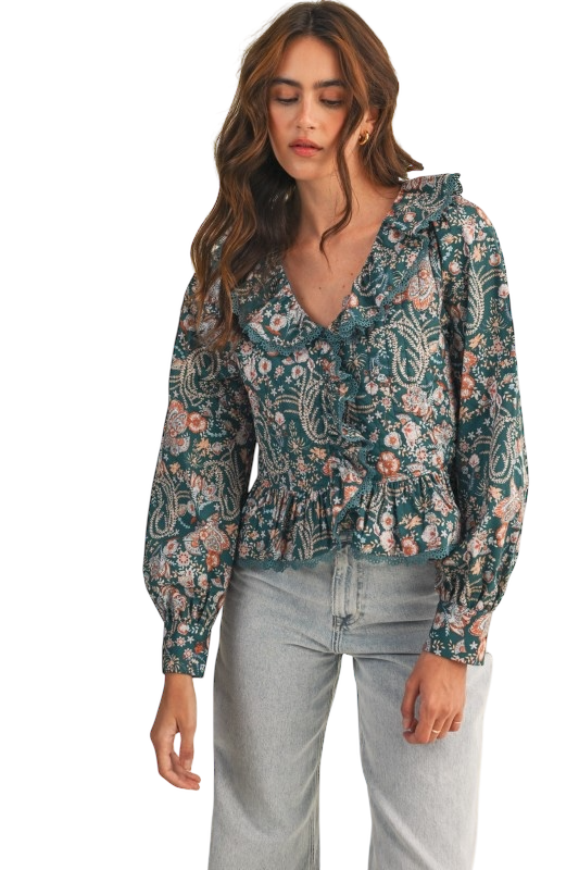 Paisley Print Lace Trim Quilted Top