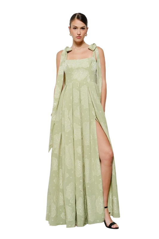 Tie Shoulder Floral Jacquard Maxi Dress