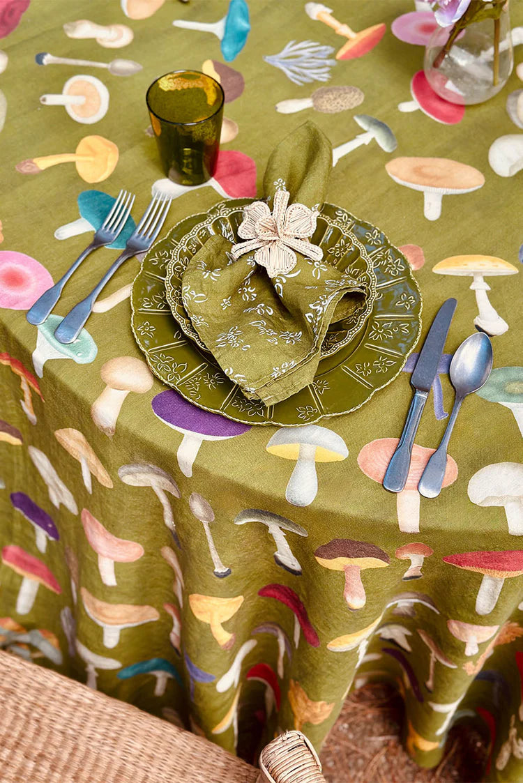 S&B x John Derian Green Fungi Round Linen Tablecloth