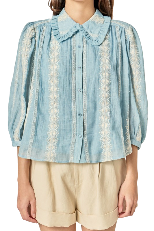 Embroidered Ruffle Collar Blouse
