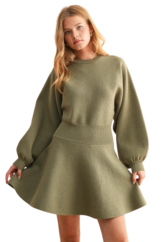 Ballon Sleeve Sweater Dress - Olive