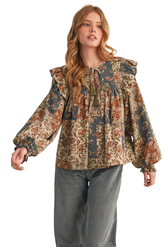 Patchwork Print Smocked Ruffle Blouse