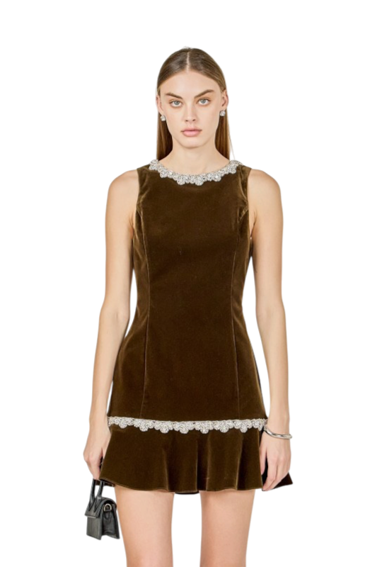 Jewel Trim Velvet Mini Dress