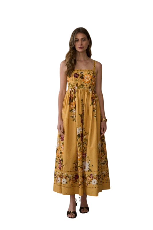 Floral Embroidery Square Neck Midi