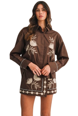 Embroidered Button Shirt & Mini Skirt Set