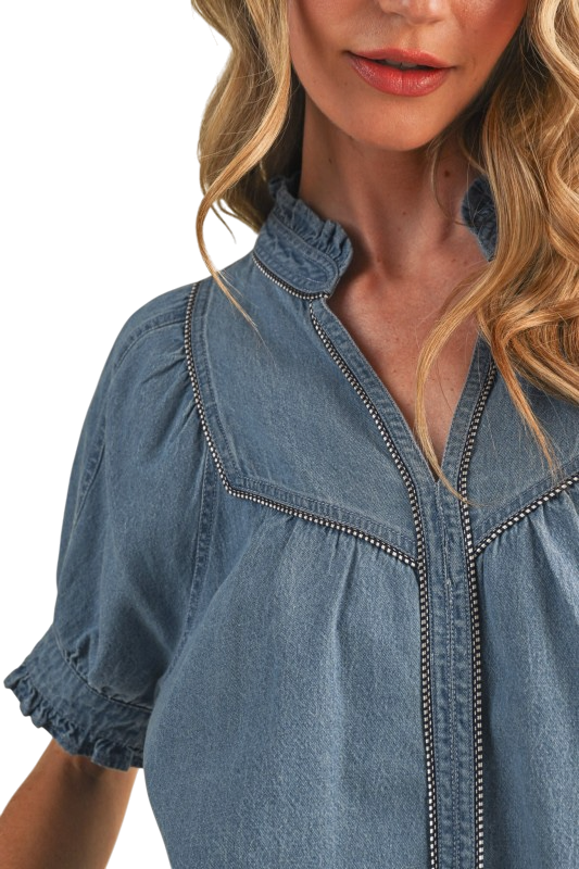 Denim Chambray Ruffled Top