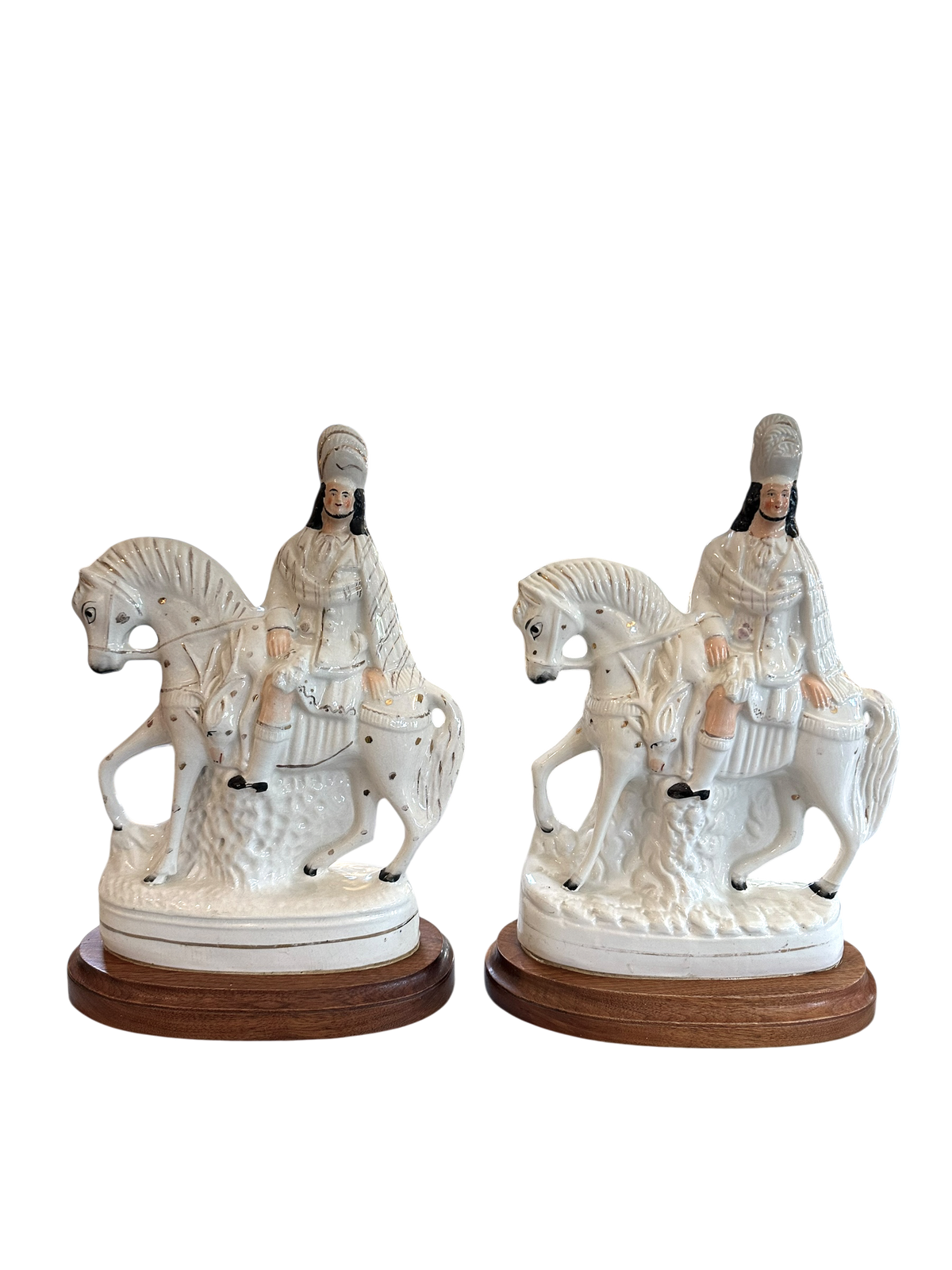 Pair of Antique Staffordshire Horseman on Wood Base