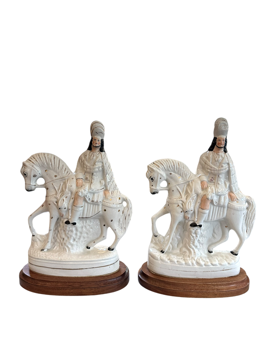 Pair of Antique Staffordshire Horseman on Wood Base