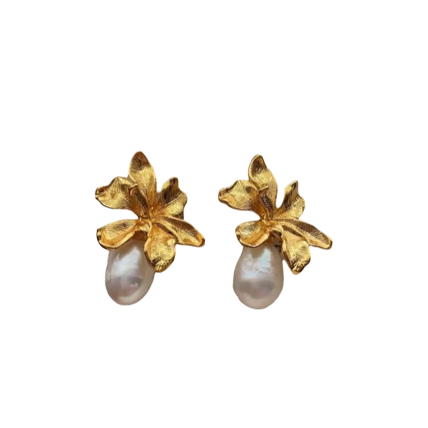 Gold Magnolia & Pearl Earrings