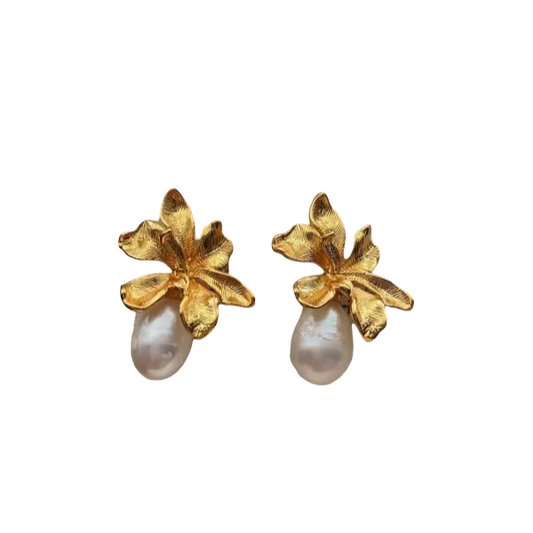 Gold Magnolia & Pearl Earrings