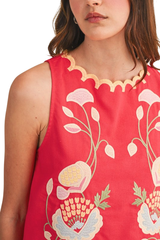 Floral Embroidery Scalloped Tank - Red