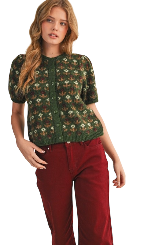 Floral Short Sleeve Cardigan - Pine