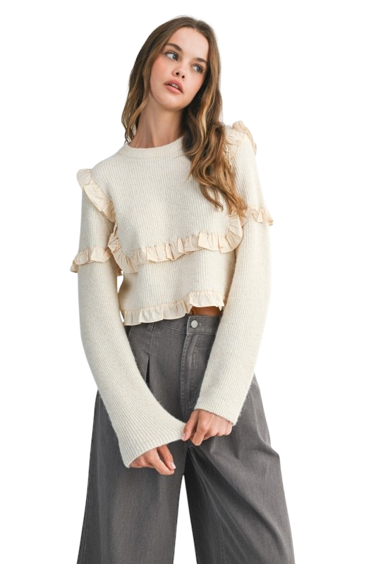 Ribbed Crew Neck Ruffle Detail Sweater