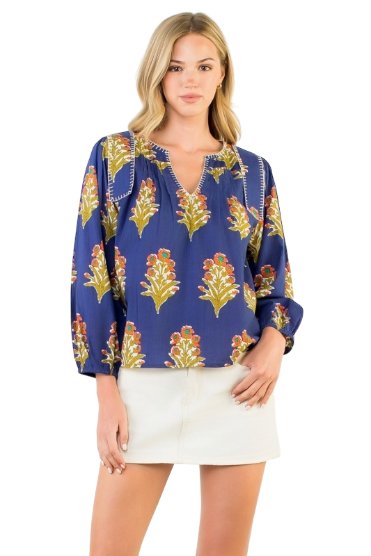 Long Sleeve Floral Detail V-neck Top